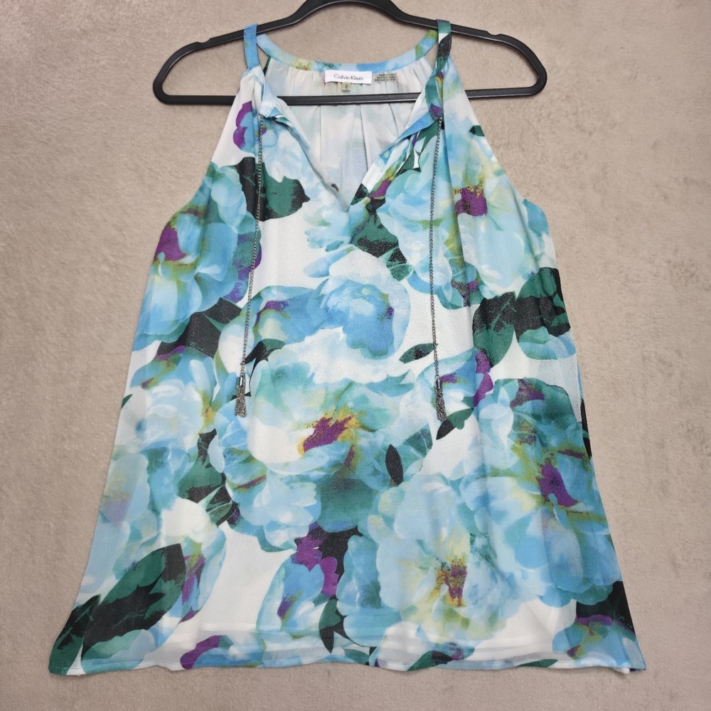 Calvin Klein Blouse Womens Watercolor Floral Split Neck Chain Tassel Halter Top